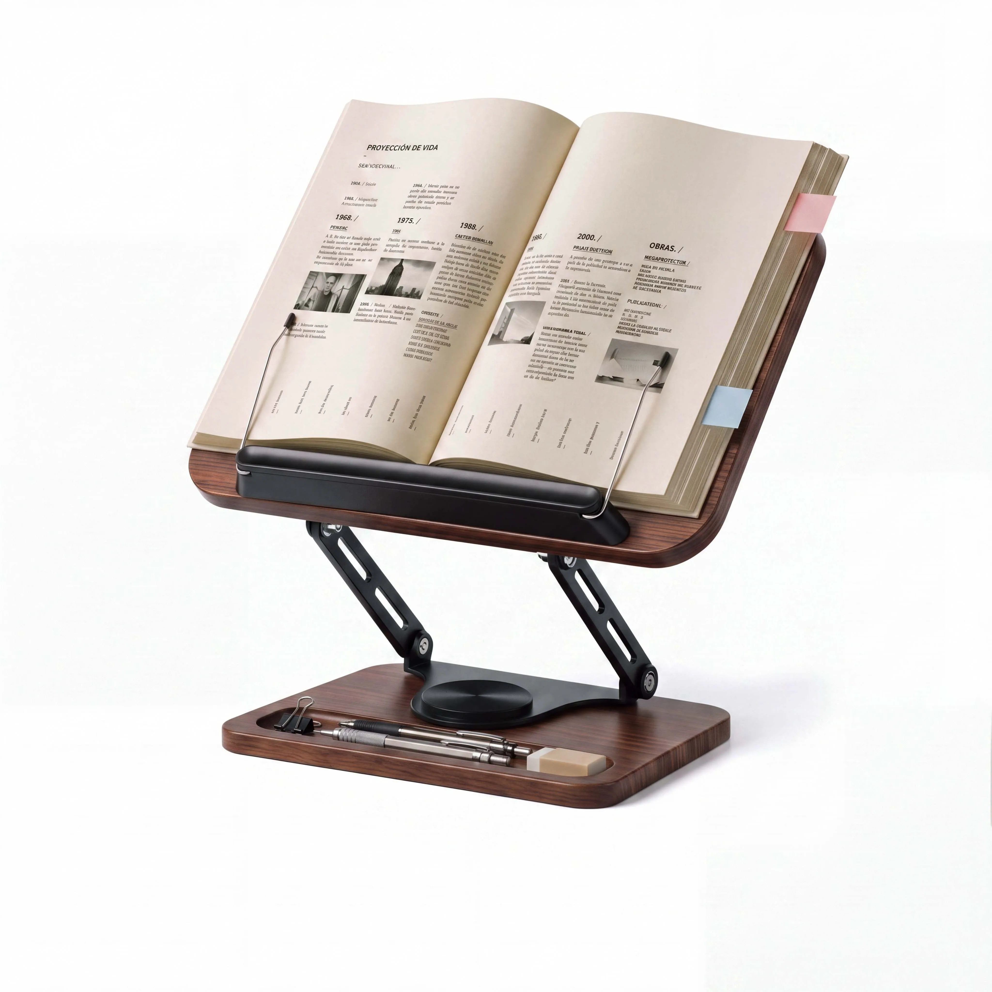 Jojok 360° Rotating Book Stand & Tablet Holder with Pen Holder, Adjustable Page Clamp for Hands-Free Reading, Eco-Friendly Study Accessory, Wooden Panel