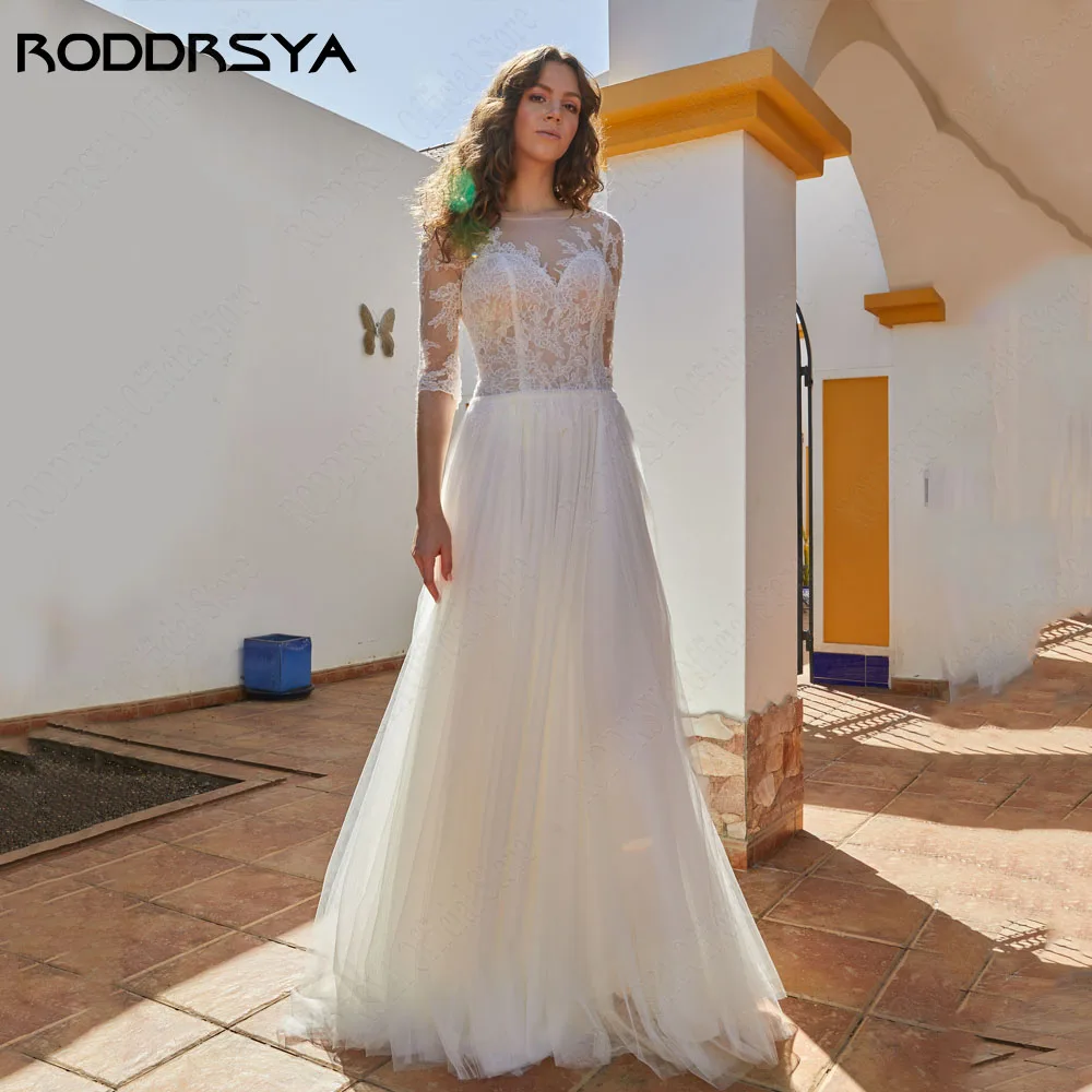 RODDRSYA Elegant Wedding Dress For Woman 3/4 Sleeves Illusion Civil Bride Gowns Lace A-Line Tulle Custom Made robe de mariée