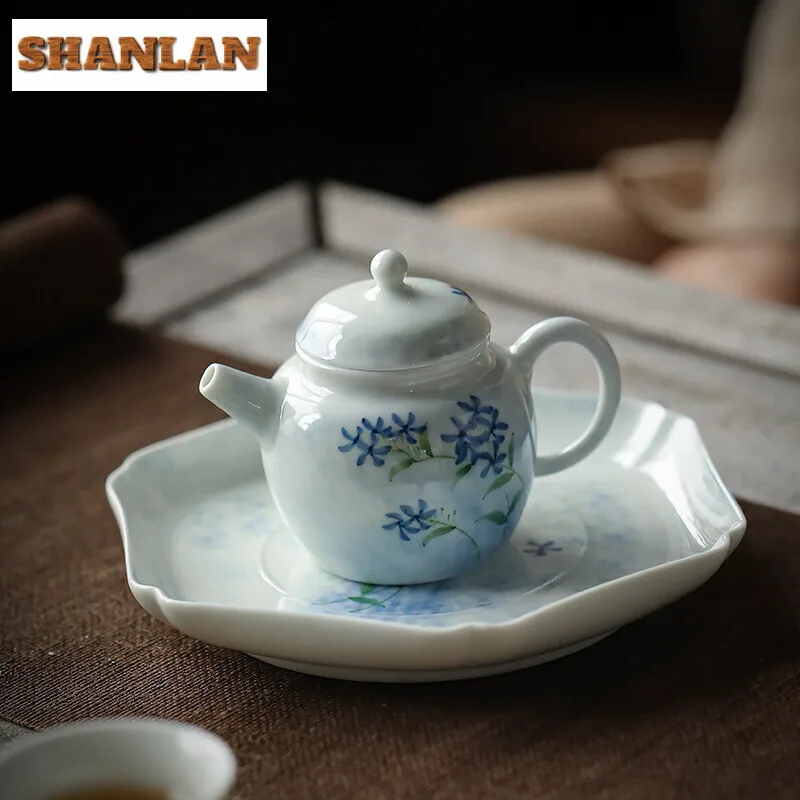 90ml Hand-painted Blue Magnolia Teapot Household Small Size Teapot Retro Pot Tea Brewing Kettle Tea Services Supplies Collection