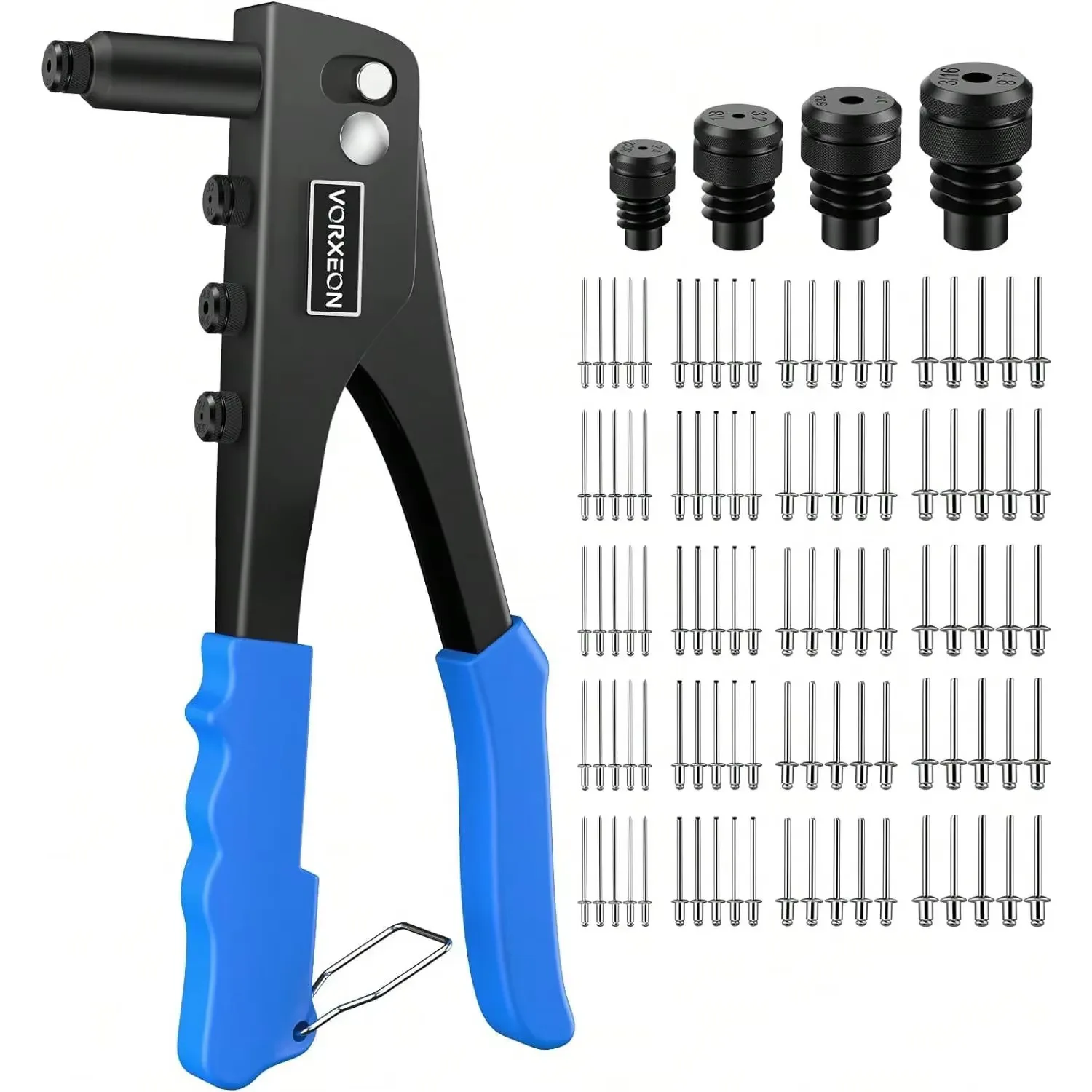 Heavy Duty Rivet Gun Hand Riveter Tool Kit with 4 Nosepieces 100 PCS Rivets Durable Professional Rivet Gun for Furniture Trailer