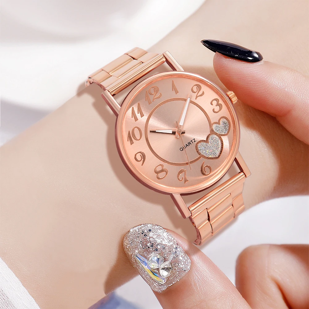 Rose Gold Women Quartz Watch 5PCS/Set Love Element Dial Leather Strap Wristwatch Alloy Love Element Jewelry Set Gift For Girls