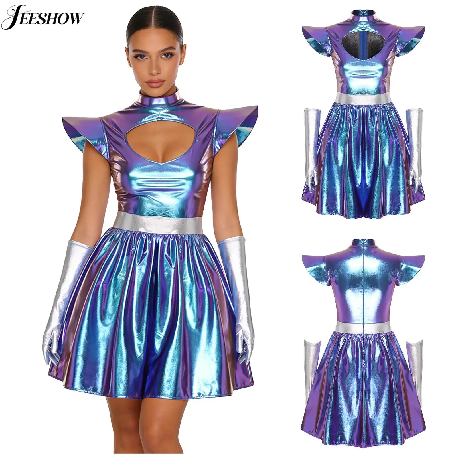 Weltraum-Alien-Kostüm für Damen, glänzendes metallisches A-Linien-Kleid mit hoher Taille und Handschuhen, Astronauten-Cosplay-Outfits für Halloween-Party