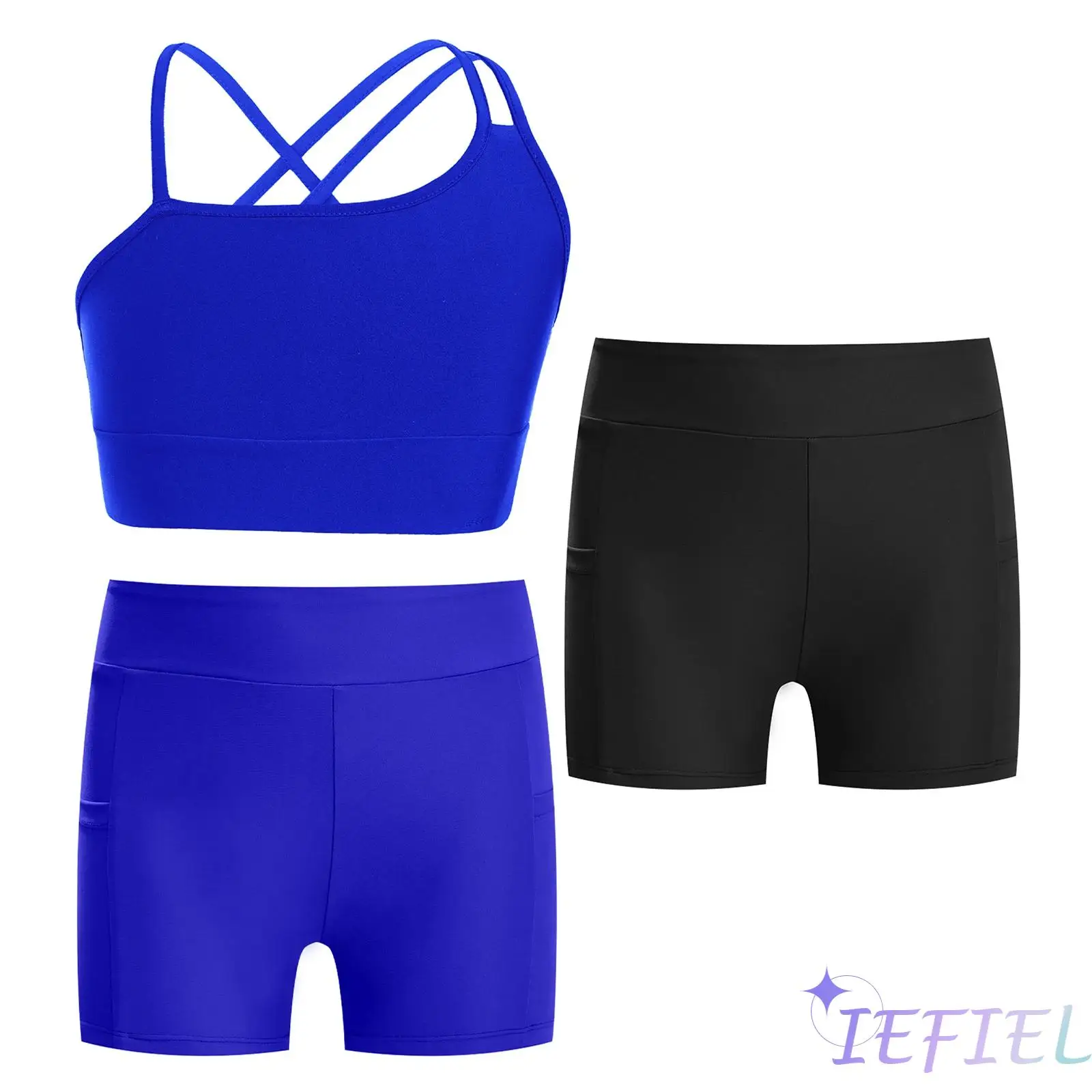 

3Pcs Girls Ballet Dance Set Asymmetrical Spaghetti Straps Sleeveless Strappy Backless Crop Vest+Shorts for Dance Performance