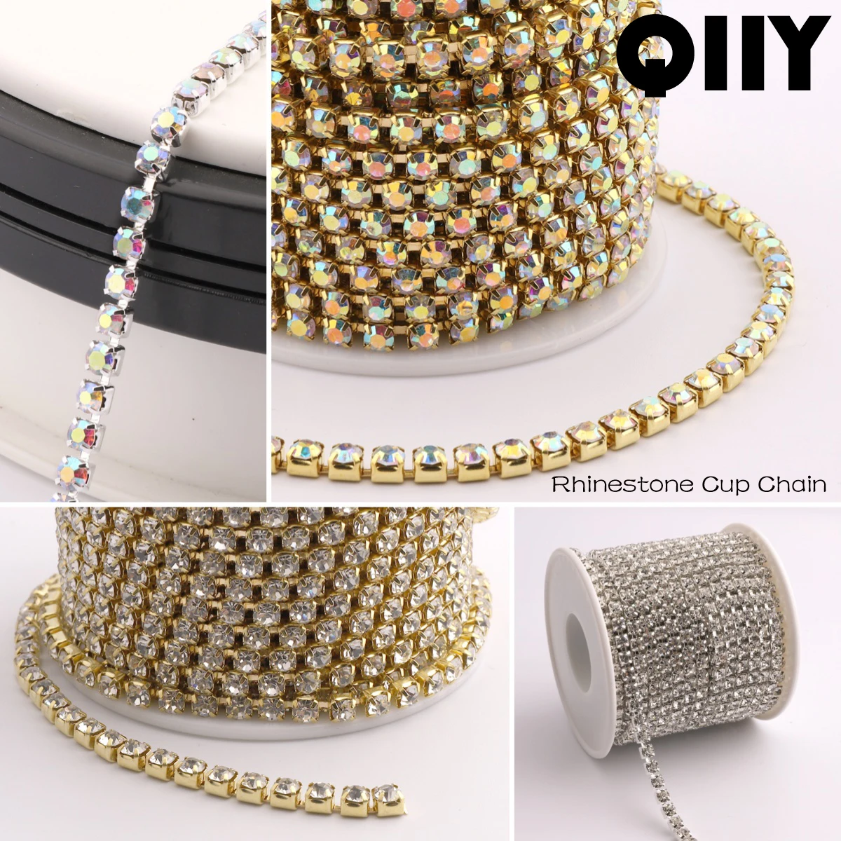 

Стразы QIIY 1/10 Yard SS6-SS28 (1,9 мм-6 мм) с блестками, цепочка из страз на золотой/серебряной основе, кристаллы AB, для пришивания, для декора одежды и рукоделия.