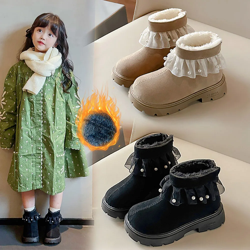 Winter Plush Boots For Girls Korean Style Trend Fashion Princess Shoes Soft-soled Thick Warm Cotton Shoes Snow Boots Kids