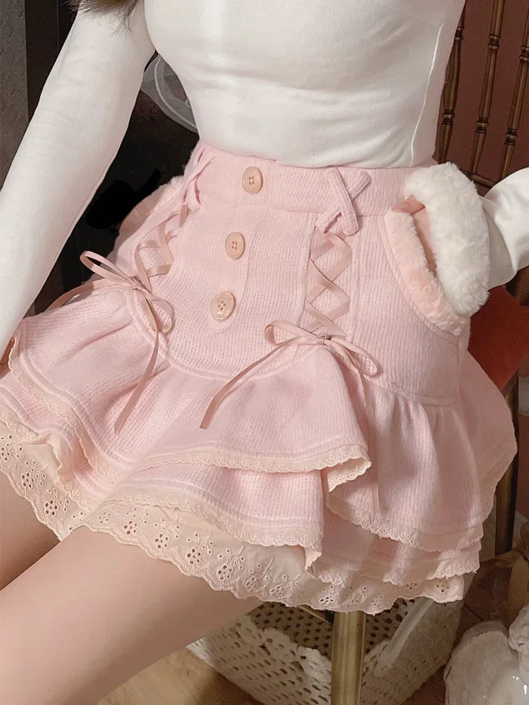 Japanese Kawaii Lolita Mini Skirt Women Winter Lace Casual Elegant Sweet Female Skirt High Waist Bandage Korean Short Skirt New