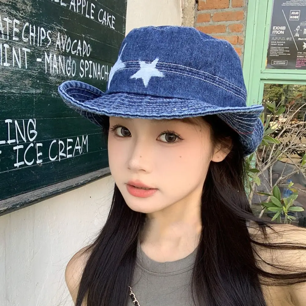 

Kawaii Denim Star Fisherman Hat Adjustable Wide Brim Outdoor Sun Hat Sunshade Y2K Western Cowboy Hat Travel