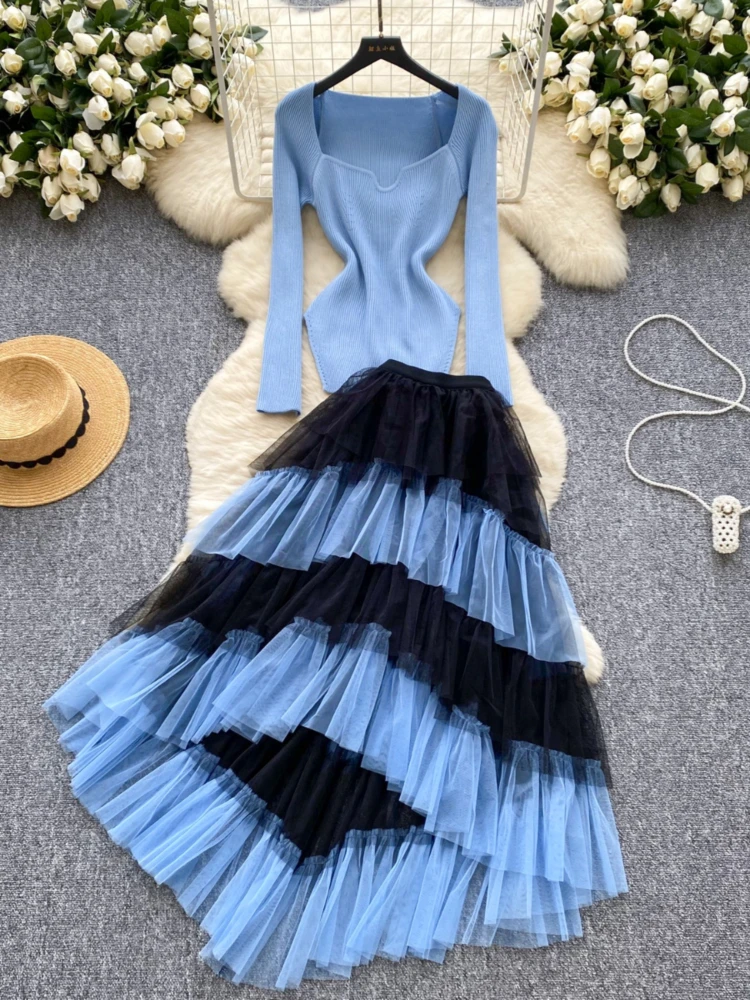 

French set for women's autumn Spring square neck knitted sweater and high waist slim mesh half body cake skirt Two Piece Sets