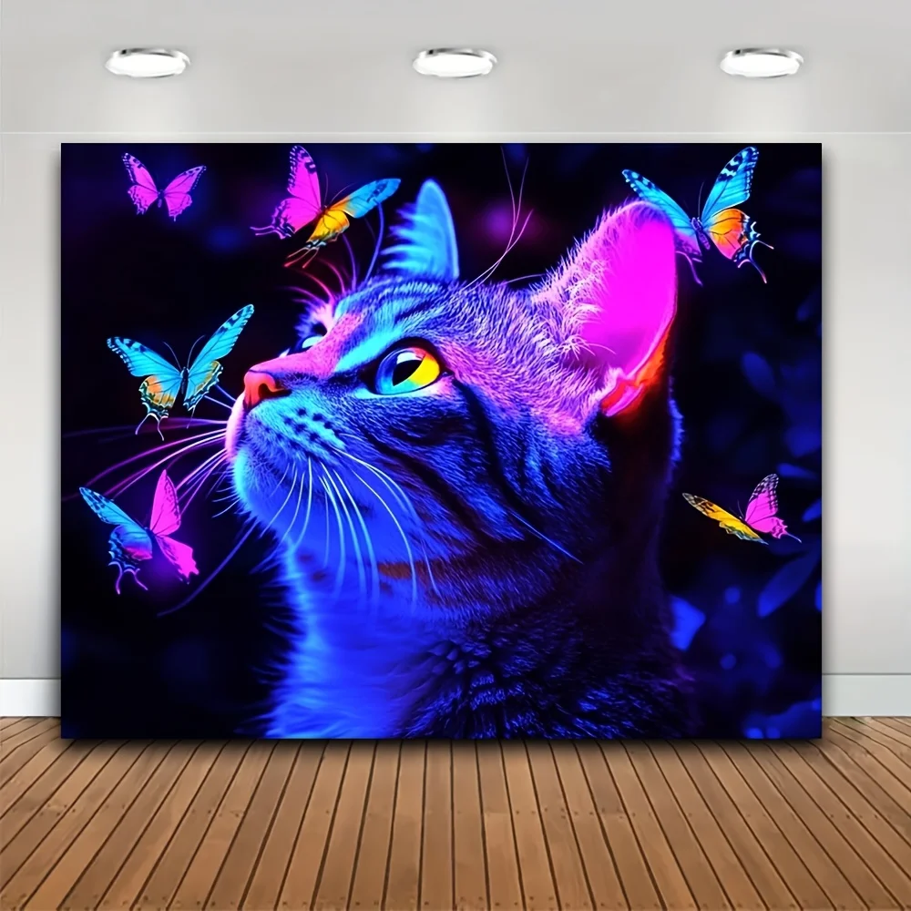 1 Cat Butterfly Fluorescent Tapestry - Polyester, Bedroom Living Room Dormitory Decoration - with Free Installation Kit