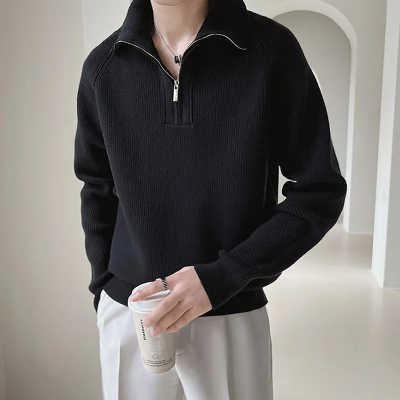 Autumn Winter KPOP Fashion Style Harajuku Slim Fit Tops Loose Casual All Match Knitwear High Collar Zipper Long Sleeve Sweaters