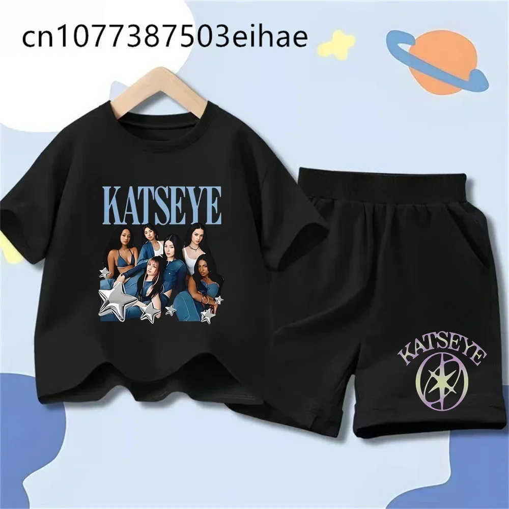 Summer Cute Y2K Style Katseye Girls' Printed Children's Short-Sleeved + Shorts Set - Casual Fashionable Must-Have Collection
