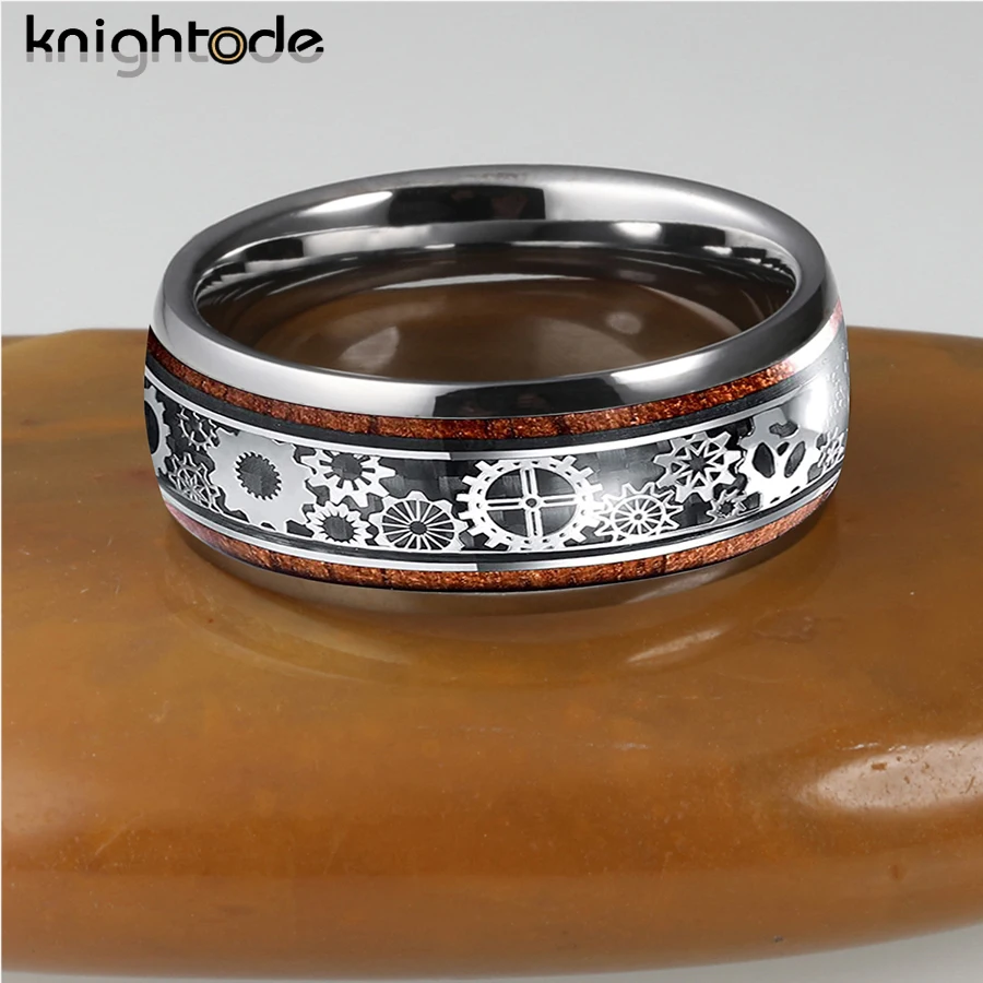 10mm Super Men Rings Tungsten Carbide Wedding Band With Wood And Steampunk Gear Inlay Domed Polished Comfort Fit