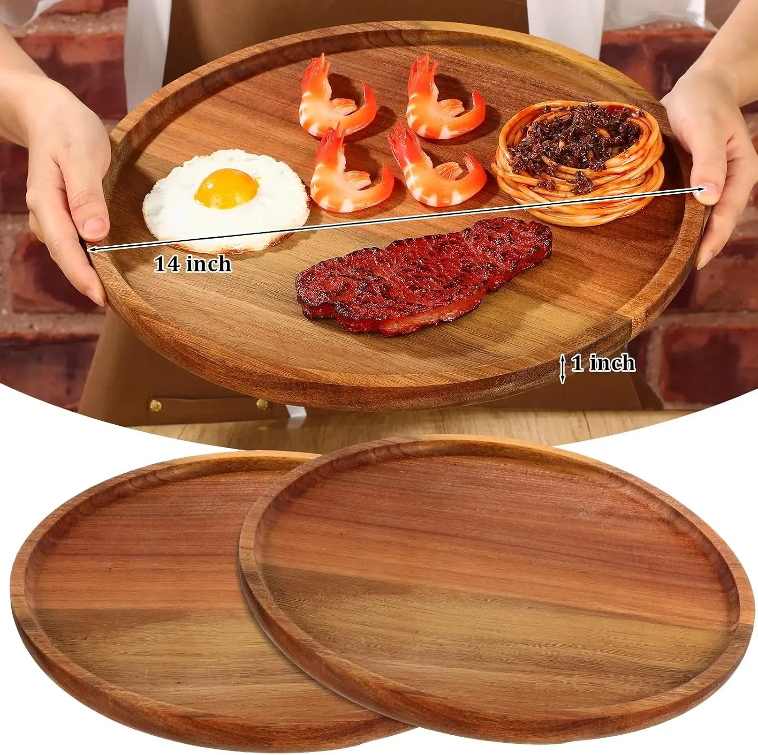 10 Pieces Acacia Round Wood Plates 14 x 1 Inch Dinner Plates Wooden Charger Platter Bulk Easy Cleaning Lightweight Serving