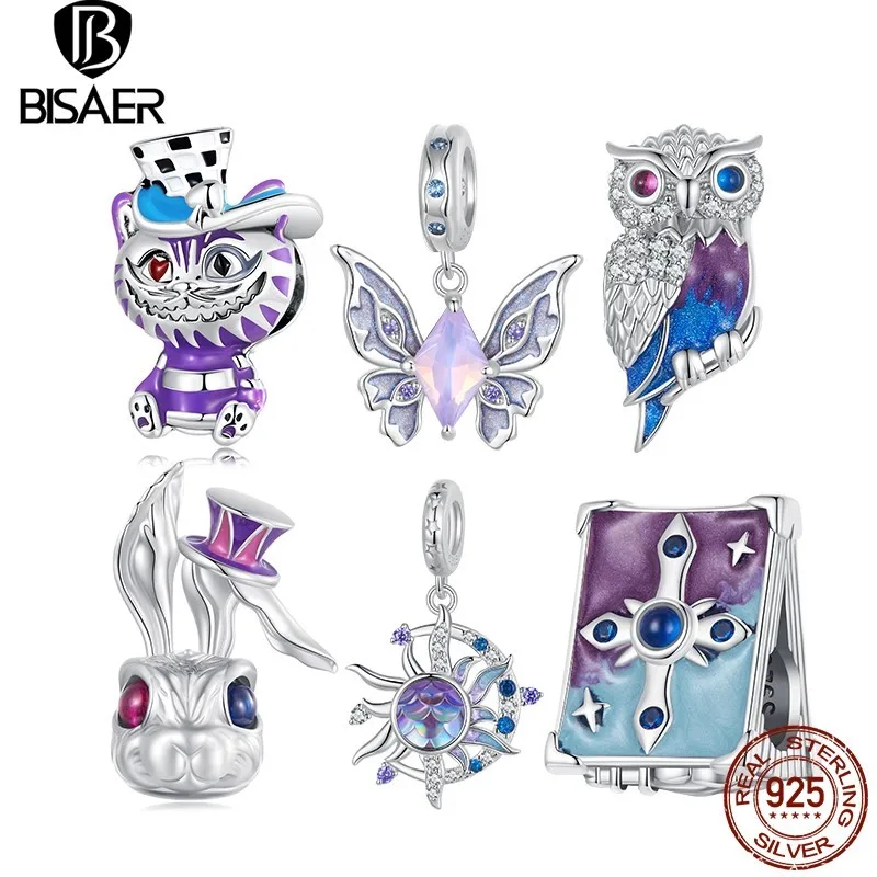 BISAER 100% 925 Sterling Silver Magic Rabbit Charm Bead Butterfly Owl Cat Pendant Fit Women DIY Bracelet & Necklace Fine Jewelry