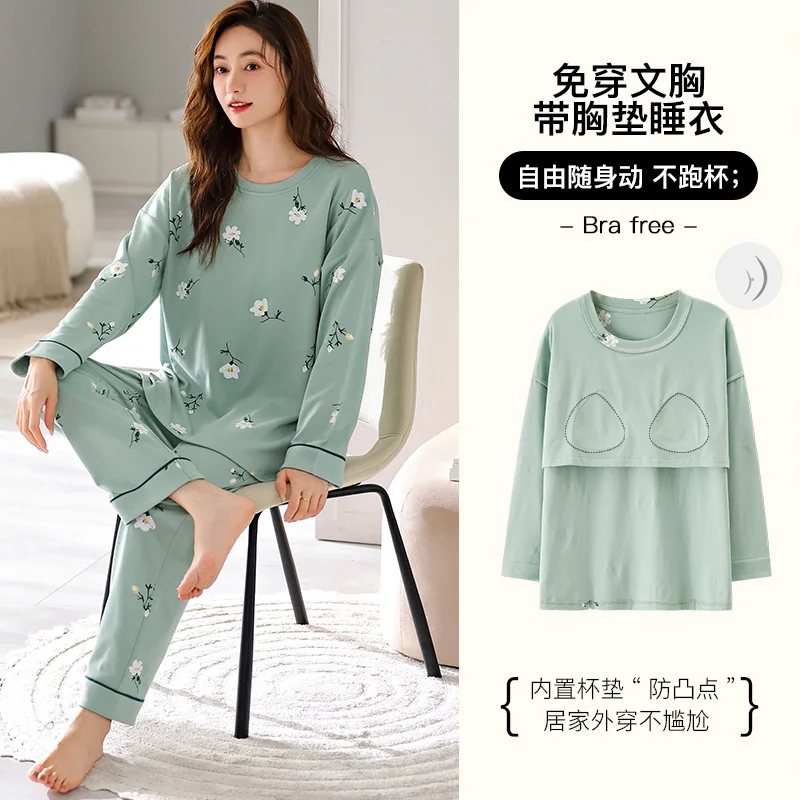 Big Size M-5XL Women Pajamas Set Spring Autumn Knited Cotton Pyjamas With Chest Pad Women Floral Printing Long Sleeve Sleepwear