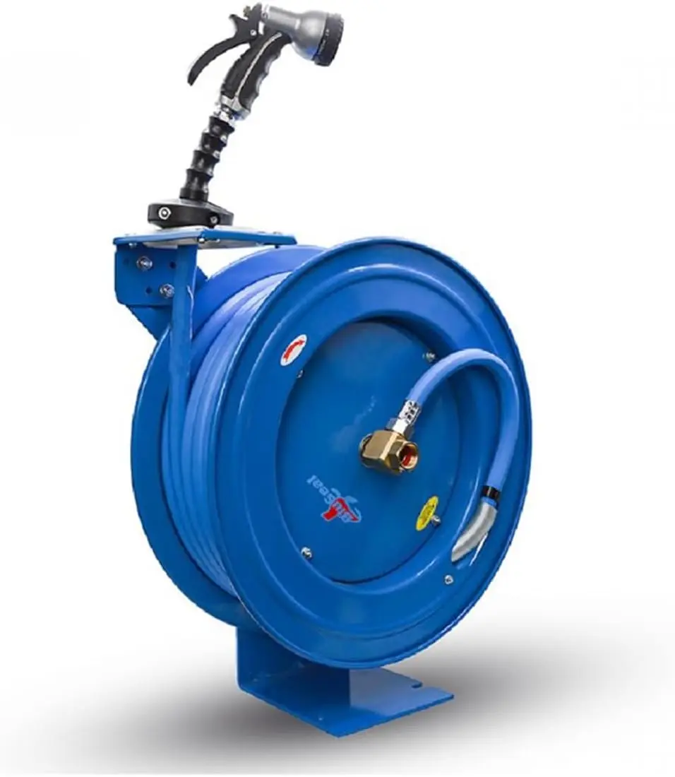 

Retractable Hose Reel with 5/8" x 50' Hot Water Rubber Hose, 6' Lead-in, 500 PSI, Brass Fittings, Swivel Mount Hose Reel, 9 Patt