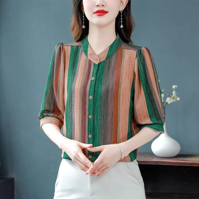 High End Shirt with Middle Sleeve Striped Top Print Casual and Stylish Age Reducing and Elegant Women's Chiffon Shirt