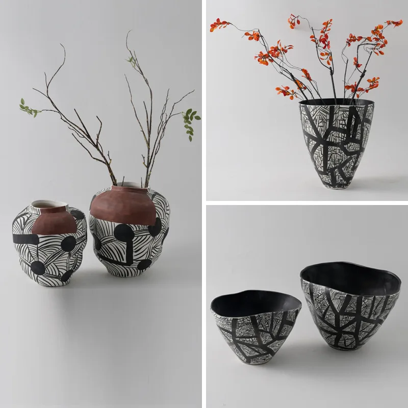 Modern simple Chinese hand-painted lines ceramic vase desktop ornament hotel homestay sales office living room flower arrangemen
