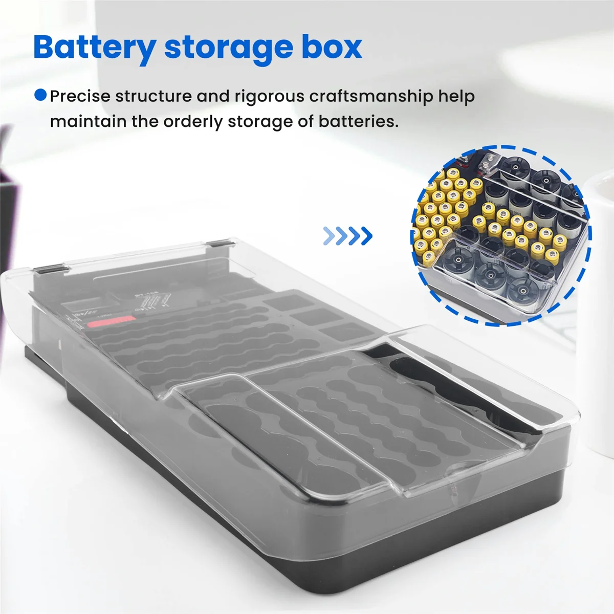 A24Uthe Battery Storage Case,Organizer with Hinged Clear Cover, with Battery Tester, Holds 93 Batteries Various Sizes, Black