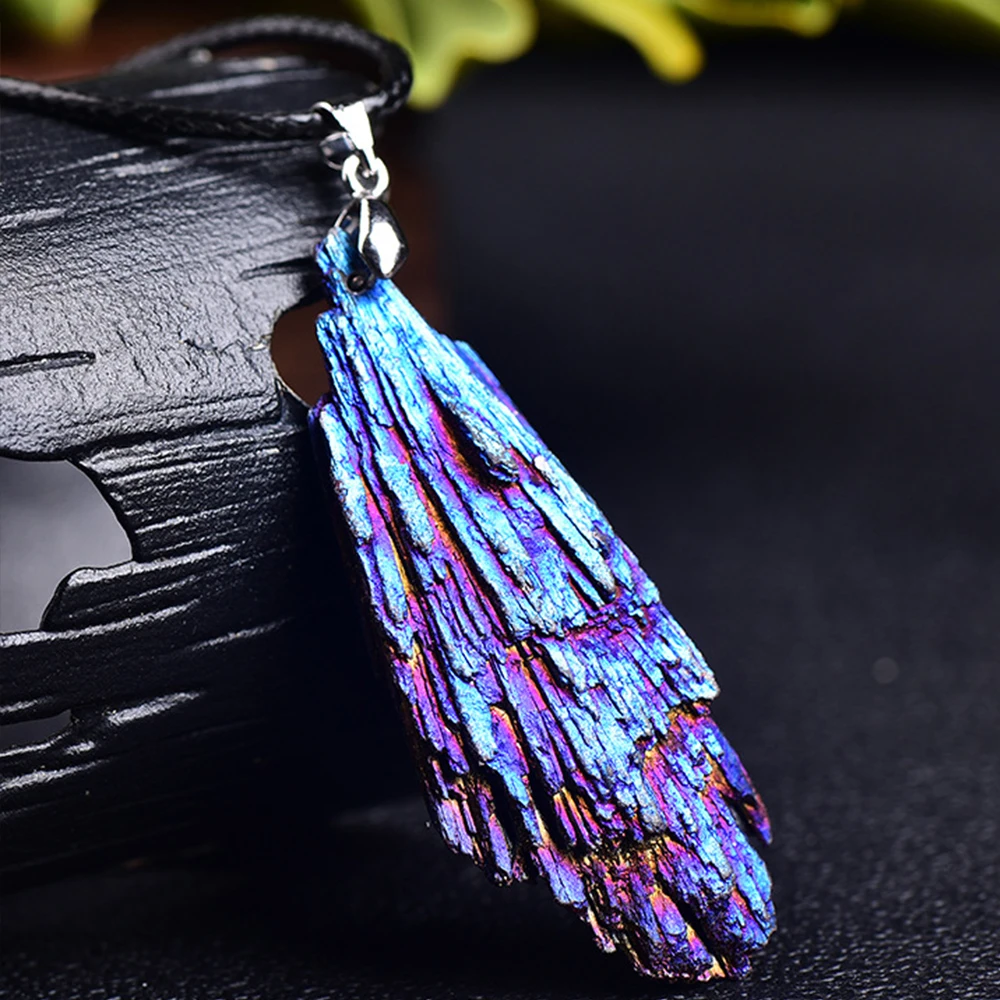 Natural Black Tourmaline Electroplated Blue Peacock Feather Pendant Titanium Coated Reiki Healing Crystals Charm Jewelry