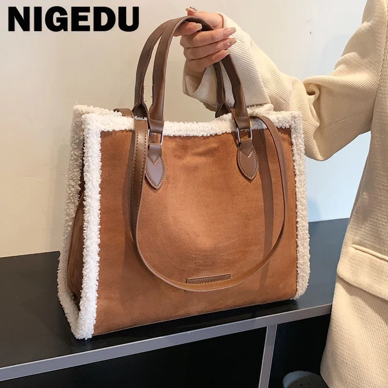 Fashion Wool Handbag Large capacity Female Big Totes Quality Ladies Shoulder bags Soft PU leather Vintage Tote Bag composite bag