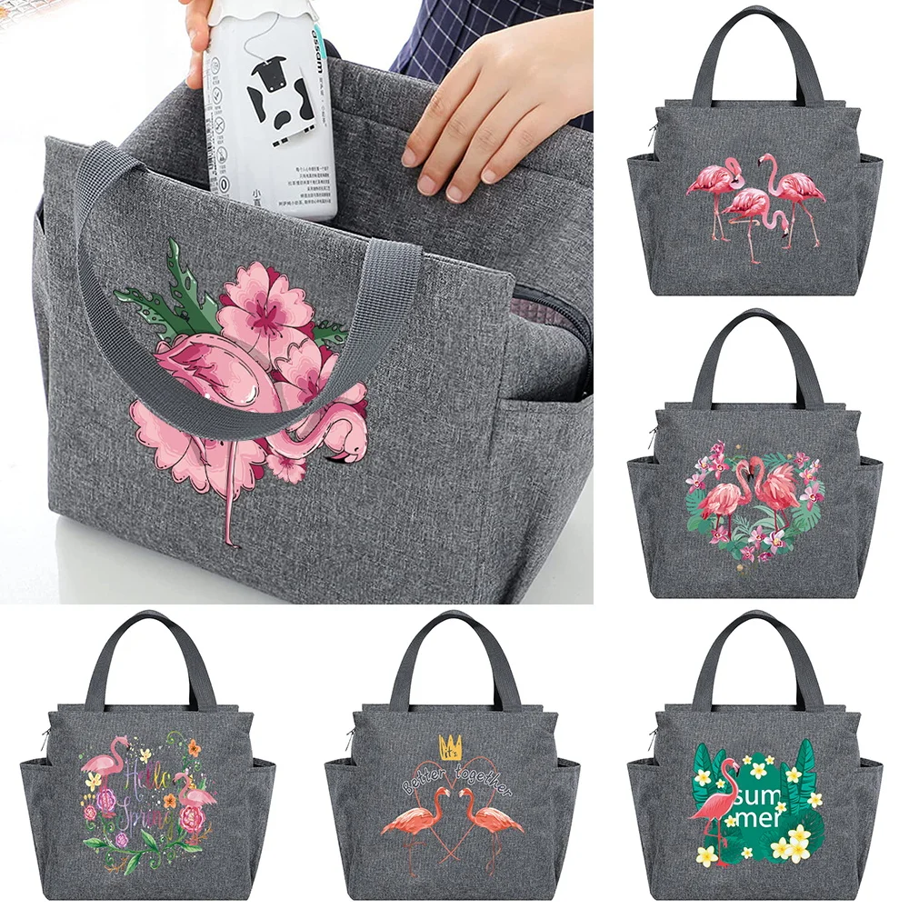 Durable Canvas Lunch Bag Flamingo Pattern Storage Tote Bag Portable Handbag for Picnic Hiking and Road Trip