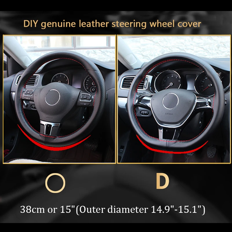 DIY 100% Genuine Leather Steering Wheel Cover  Sew Hand Sewn For Diameter 38cm Classical Breathable Soft Steering Wheel Covers