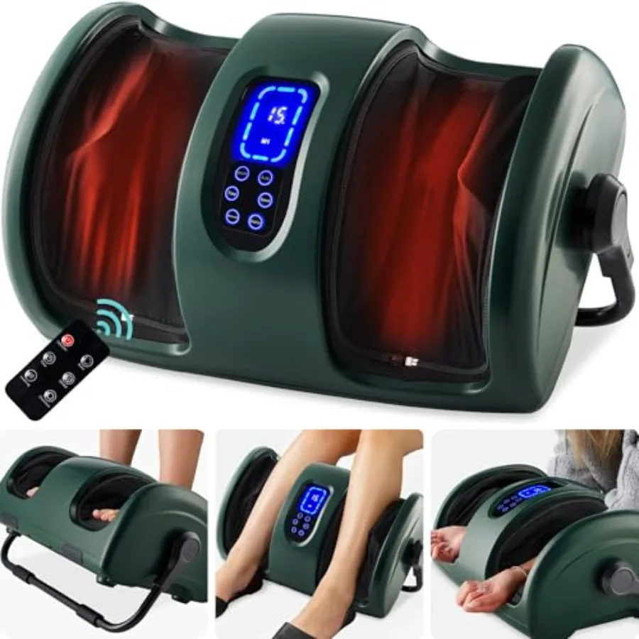 

Shiatsu foot massager with heat for plantar fasciitis neuropathy, dark green fabric and PVC, kneading foot calf massage with re