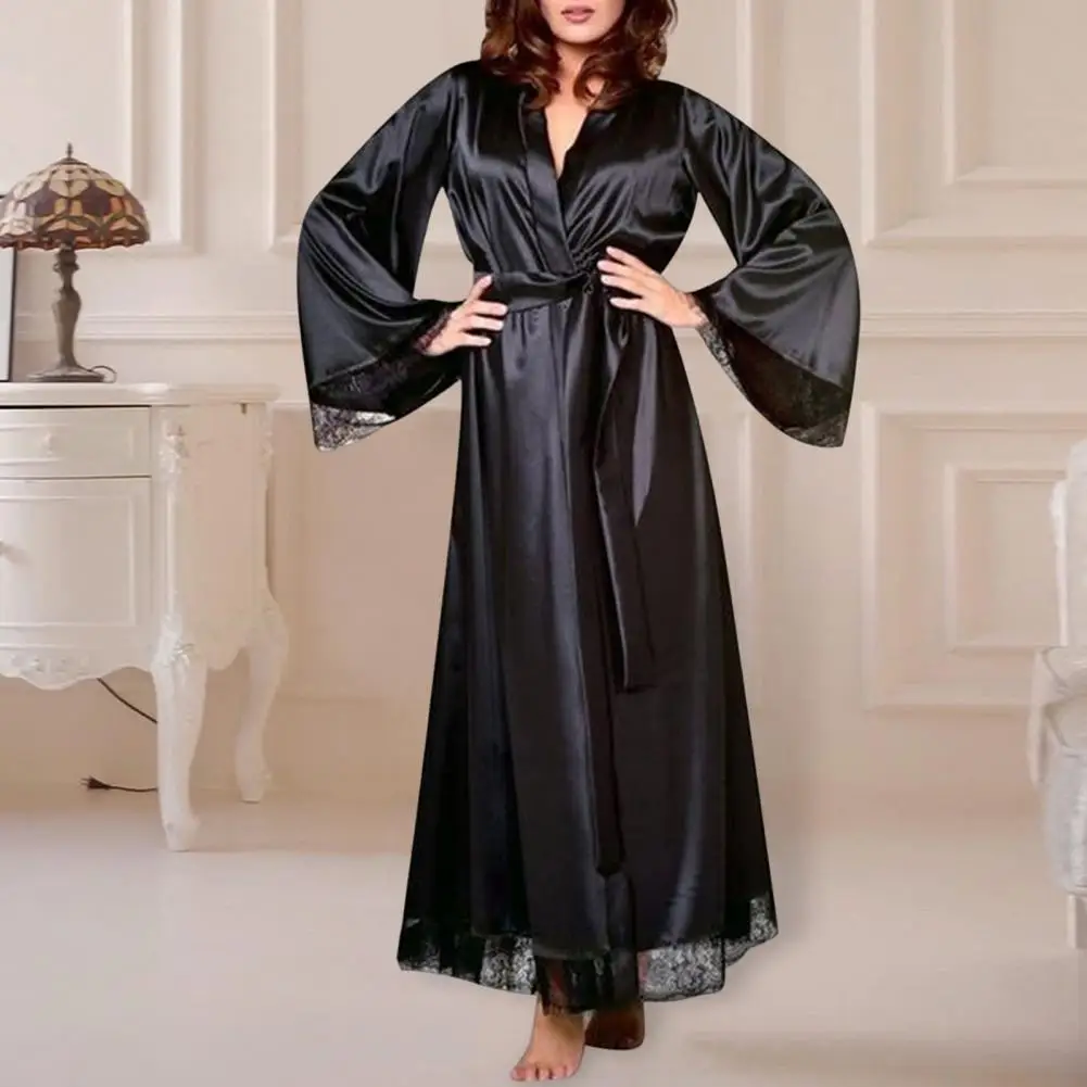 New Women's Satin Pajama Robe Lace Trim Silky Kimono Bathrobe For Bride Long Bridesmaids Wedding Long Sleeve V Neck Sleepwear