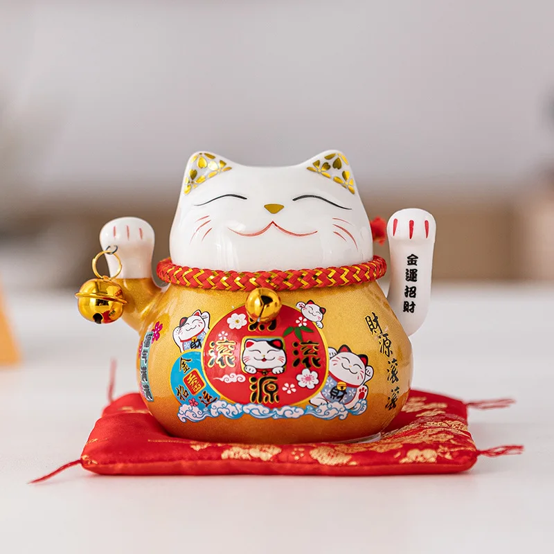 

4.5 Inch Ceramic Fortune Cat with Waving Arm, Porcelain Maneki-neko Lucky Beckoning Cats Home Office Decor, Gift for Prosperity