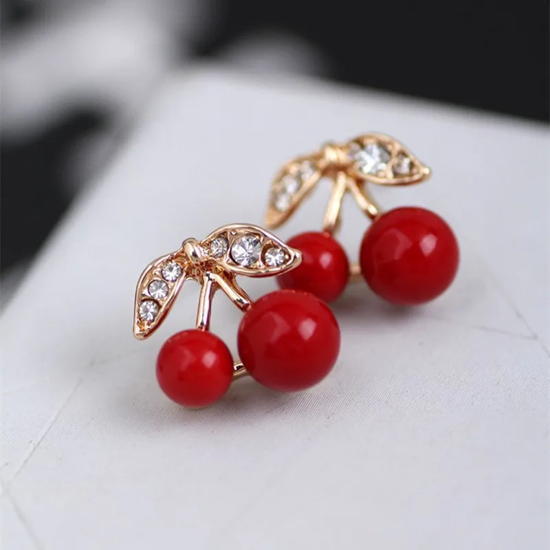 Fashion Cherries Earrings Sweet Crystal Earring Red Style Metal Stud Leaf Earrings For Women Jewelry wholesale
