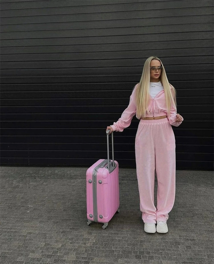 

Street Sle Long Sve Hooded Top And Pant Suit Women's Casual Sportswear Polyester Fiber Zipper Closure Two-Piece Set