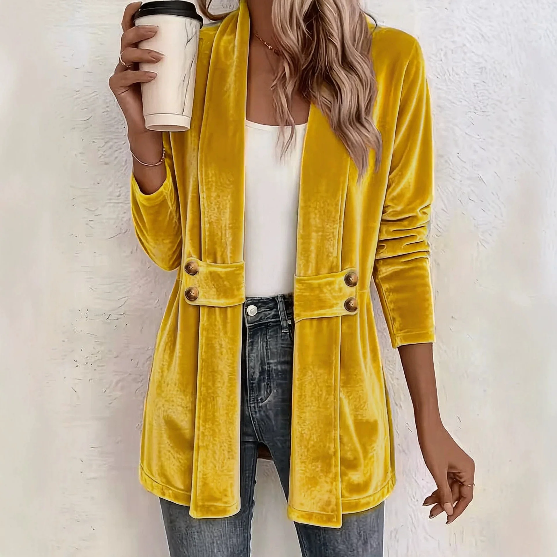 2026 Women's Double-breasted Decorative Golden Velvet Cardigan Lazy Style Versatile Medium and Long Top