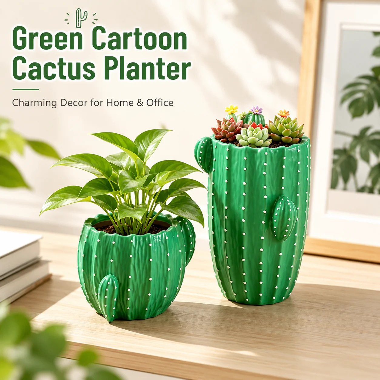 Pot de fleurs en résine en forme de cactus vert de dessin animé, petit récipient pour plantes succulentes, pour bureau, rebord de fenêtre, balcon, table, décoration de la maison