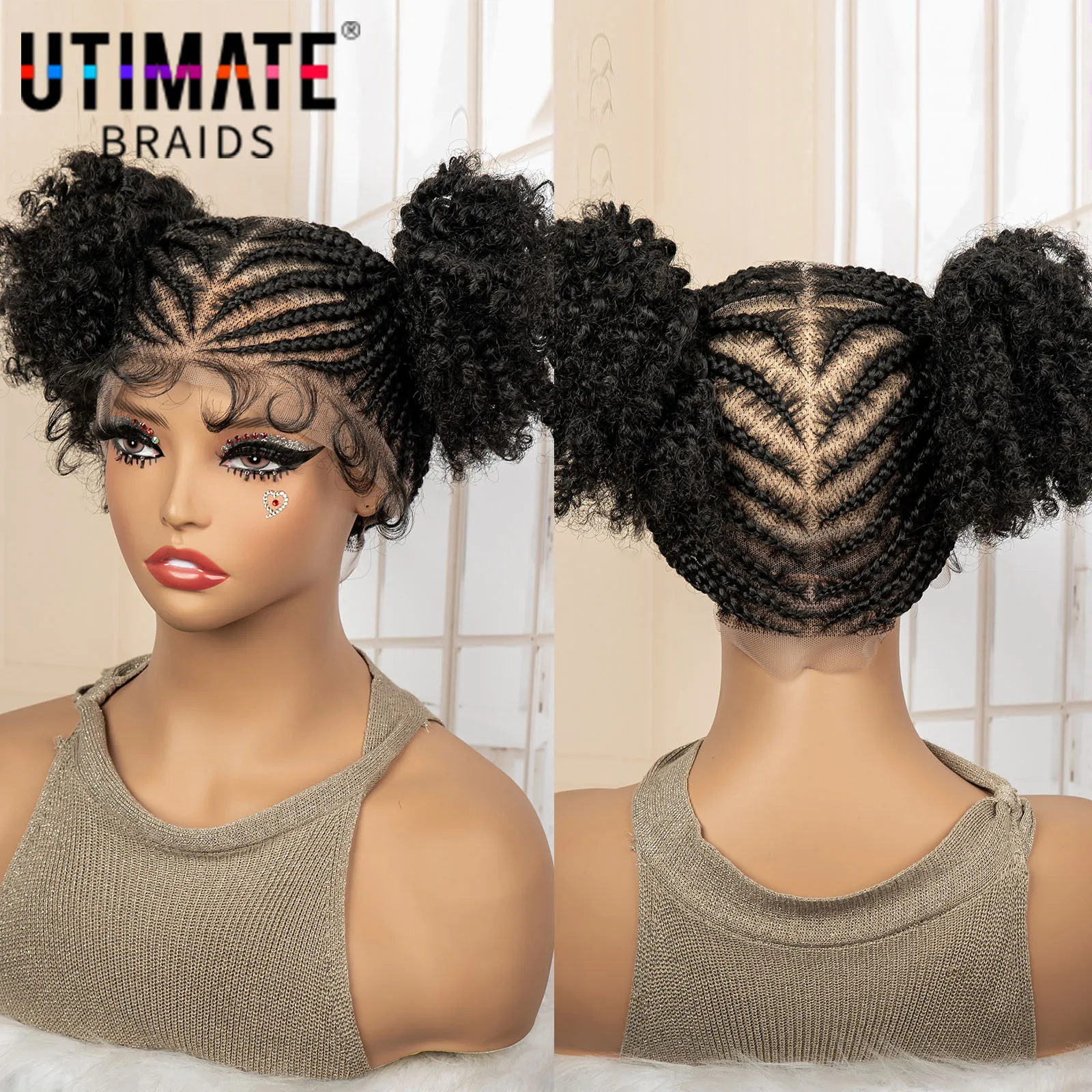 Twin Buns Synthetic Braided Wigs for Black Women Full Lace Cornrow Braids Wig Short Afro Curly Double Space Buns Knotless Wig