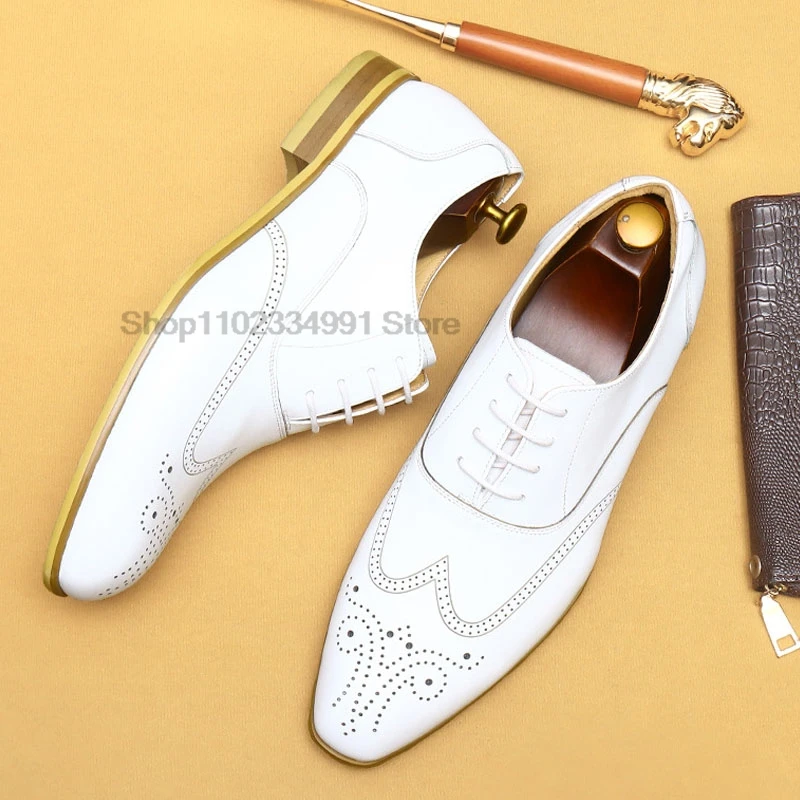 HNXC Formal Men Suit Shoes Genuine Leather Mens Oxford Shoes Lace-up Office Business Wedding Dress Shoes Man White Summer