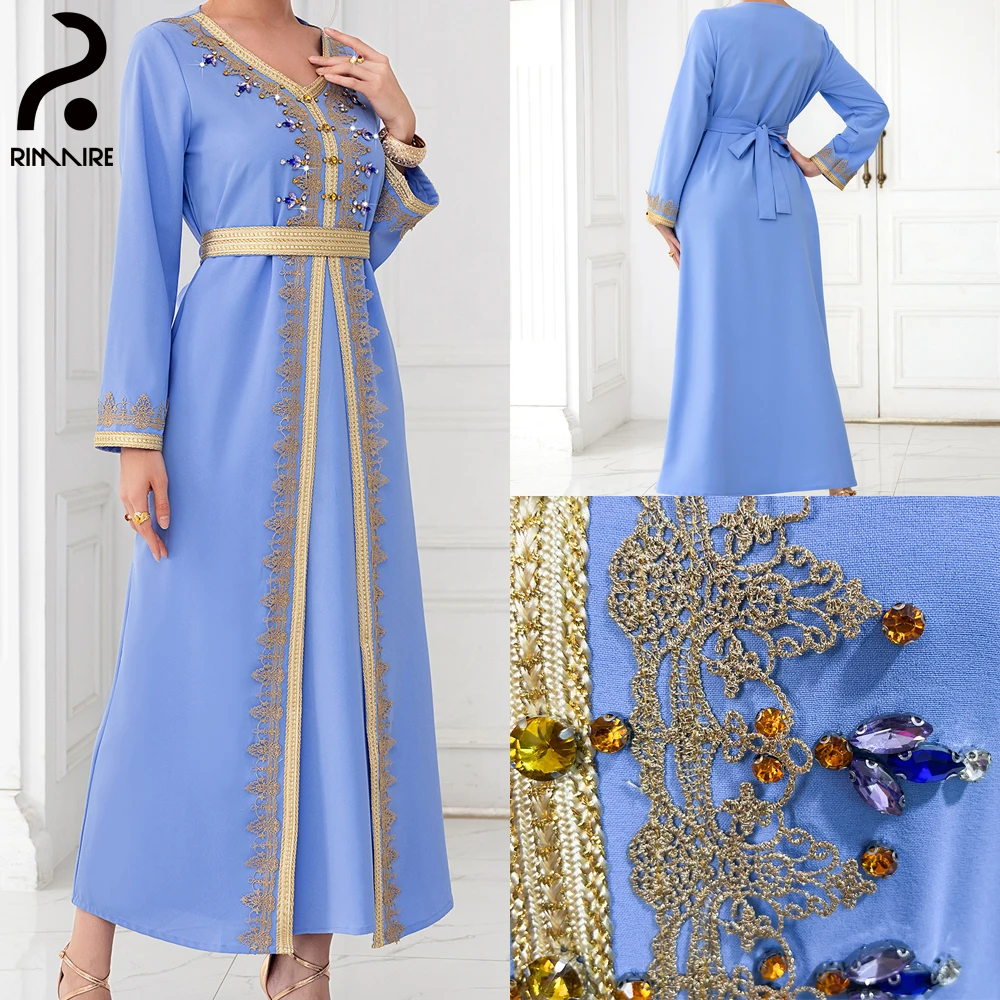 

Blue Muslim Diamonds Design Abayas Luxury Long Sleeves Women's Dresses Islamic Spring Autumn Abaya Dress Gifts Wholesale RIMAIRE