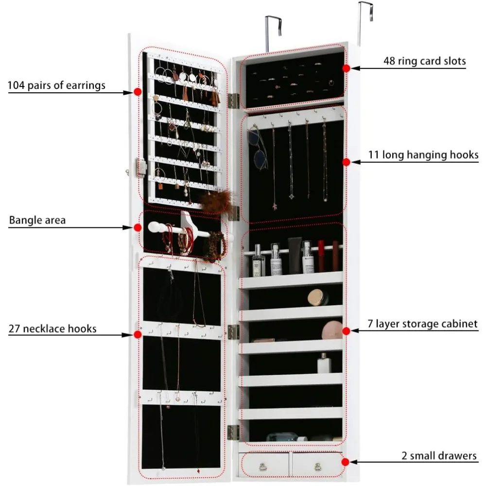 Armario de joyería de 47,3 "H montado en la pared/puerta, organizador de joyas bloqueable con espejo con 2 cajones, 6 estantes, 43,3" X 10,6"