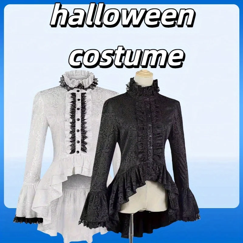 

3D Sheep Leg Sleeve Design Victorian Stand Up Collar Shirt Dark Lace Patchwork Medieval Halloween Cosplay Costume
