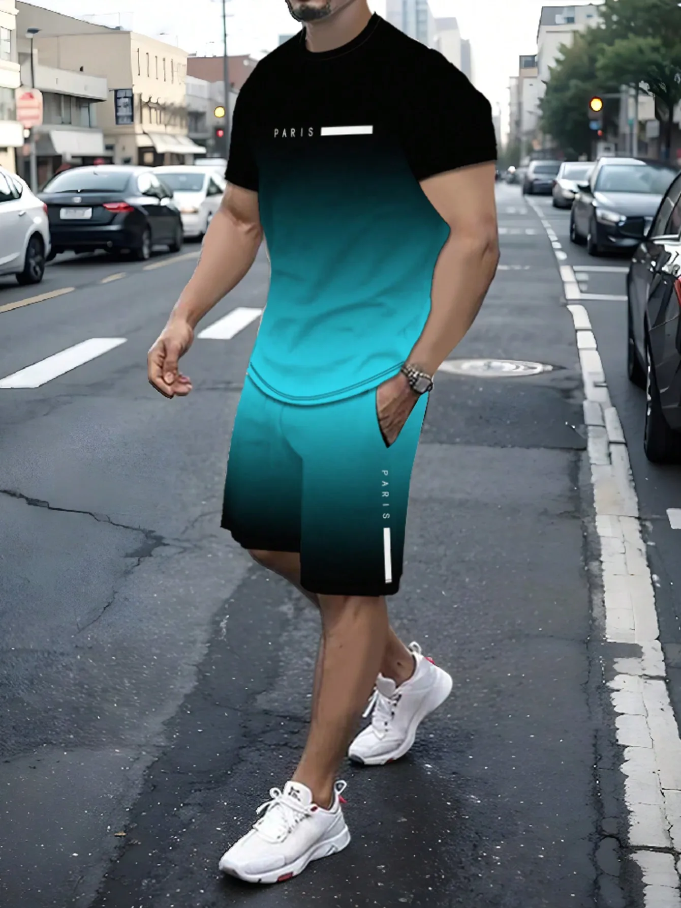 

Men's Gradient 2-Piece Set: Round Neck Tee & Drawstring Shorts with Minimalist Print