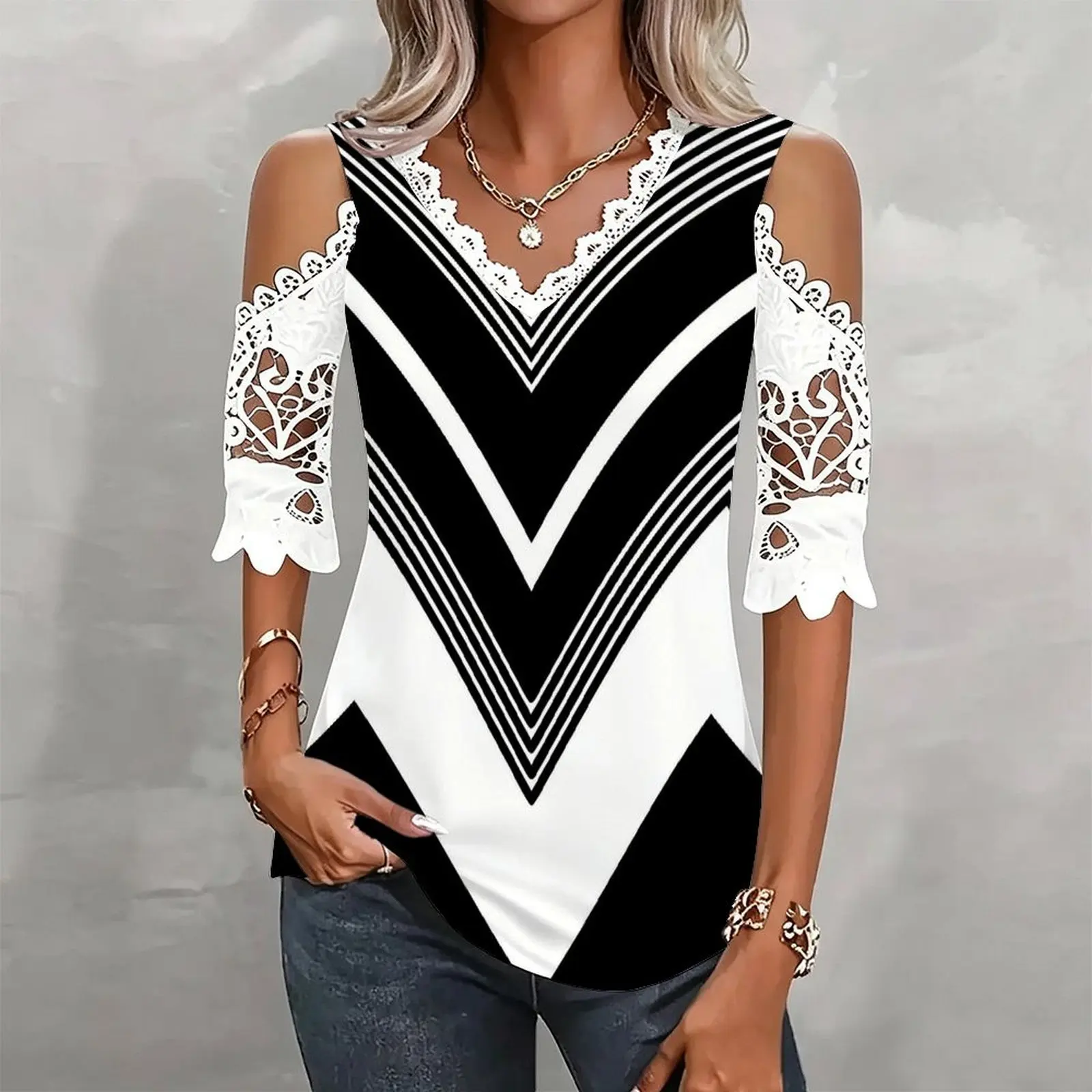 Sexy Elegance V‑neck Cold Shoulder 3/4 Sleeve Ladies Top Summer Slim T‑shirt Everyday Commuting Vacation Versatile Wear