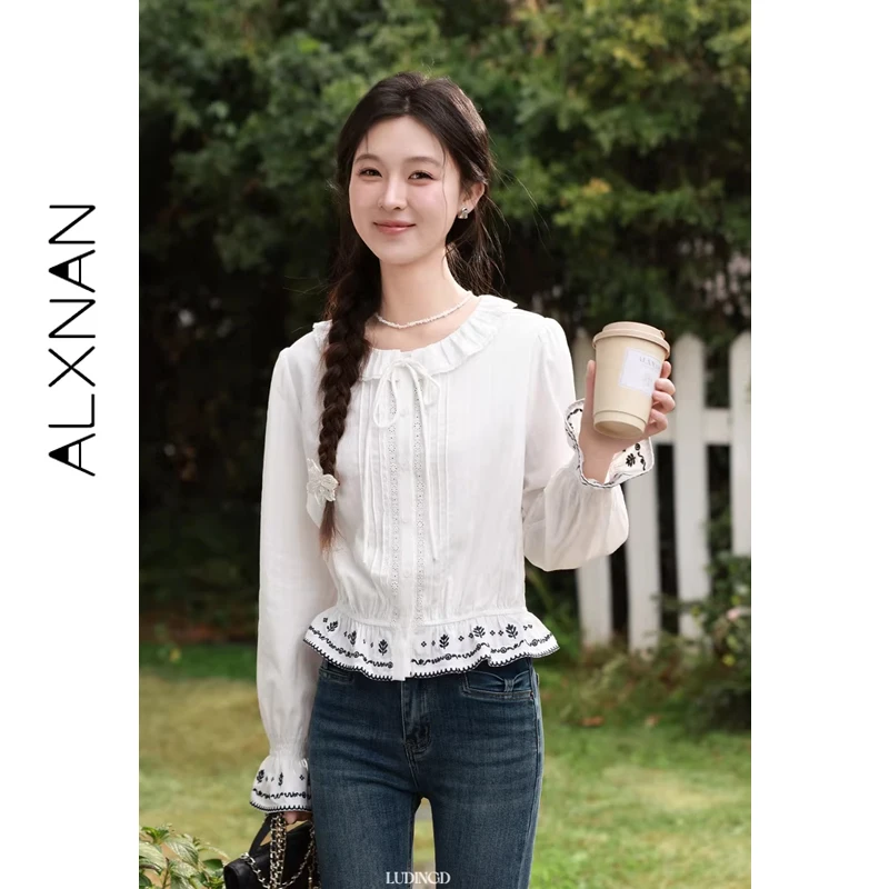 

ALXNAN Women's White Shirt Ruffle Hollow Out Embroidery Bow Tie Blouse Spring New Fashion Cotton Long Sleeve Tops Female L61701