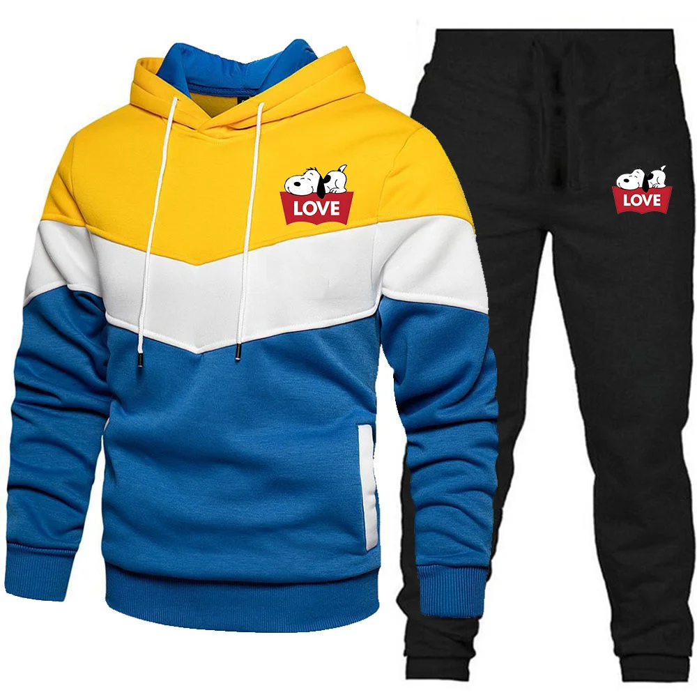 

New Snoopy printed autumn winter men's hoodie sports pullover and sweatpants two-piece street sportswear jogging sportswear Suit