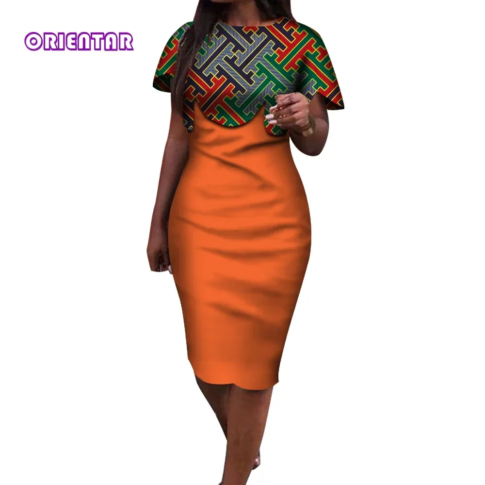 

New Summer African Dresses for Women Africa Print Spliced Bodycon Elegant Mid-Calf Dress Lady Women Ankara Dresses WY3932