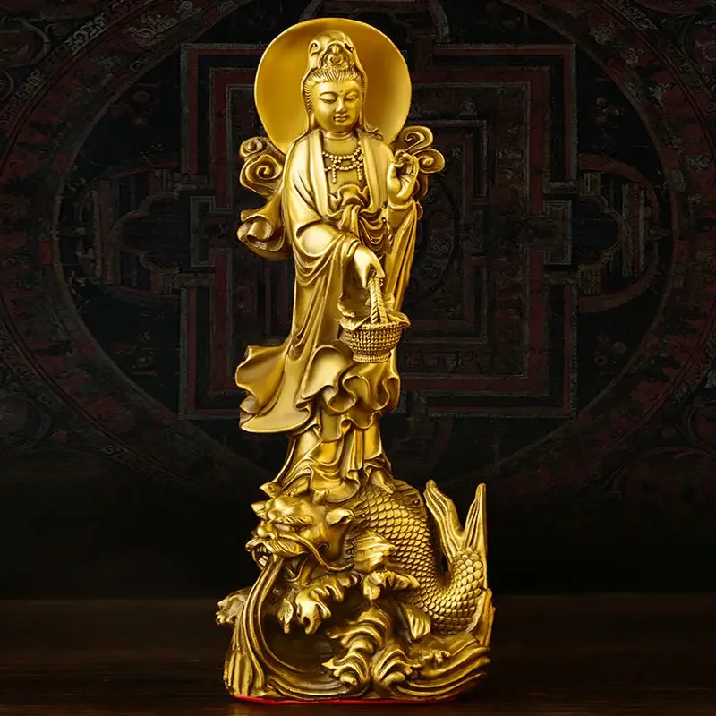 Copper Dragon Guanyin Ornaments Stand Bodhisattva Statue Home Living Room Desktop Buddha Statue Decor