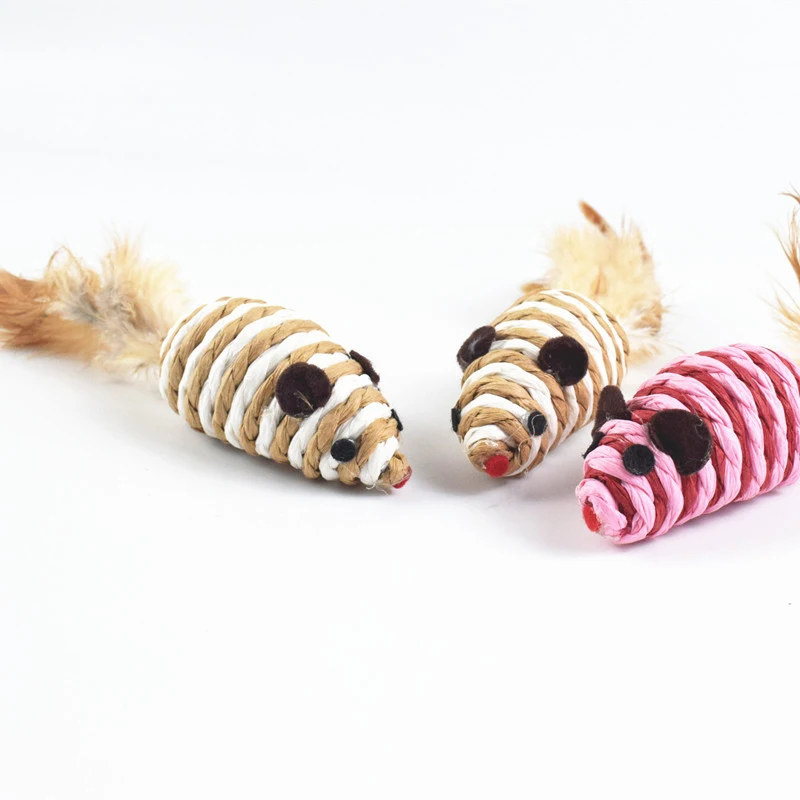 Cat Toys Colored Stripes Braided Small Mouse with Feather Tail for Teasing Cats, Funny Cat Interactive Toy for Kitten