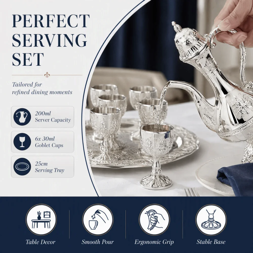 8pcs Silver White Wine Glasses Set Classic Design Embossed Floral Pattern European Wine Glasses Zinc Alloy Iron Tray
