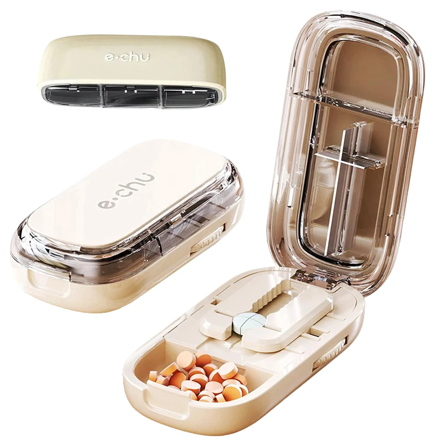 Estuche para pastillas saludables, cortador de pastillas de un cuarto, caja de almacenamiento, tableta de medicina portátil, divisor a prueba de polvo para pastillas pequeñas y grandes