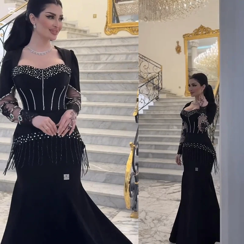 ผู้หญิงนิลสีดําแขนยาวเอวชุดนางเงือก Cascading Beading SHEER ลูกไม้แขนชุดราตรีอย่างเป็นทางการ ​