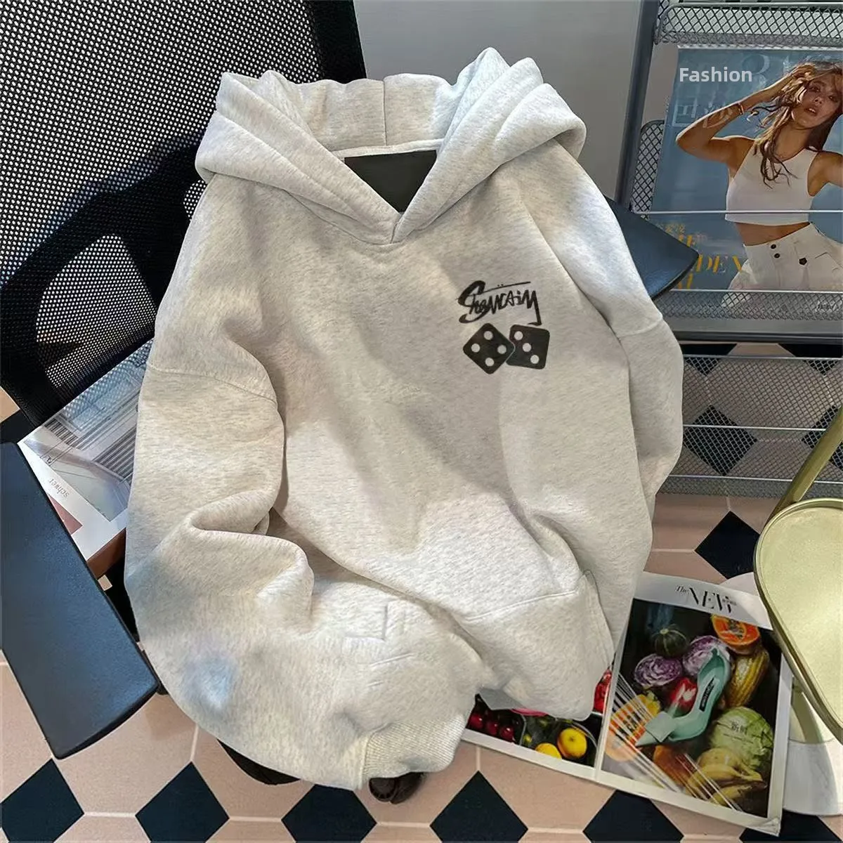 النمط الأمريكي فضفاضة تناسب هوديي المرأة مبطنة بالصوف البلوز العصرية نمط هندسي مطبوعة مريحة عارضة أعلى #3